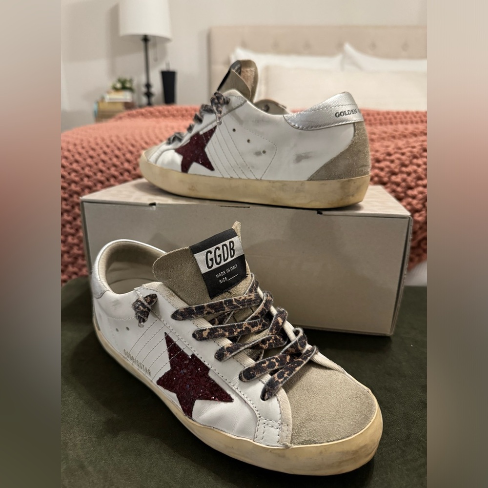 Golden goose taupe suede and maroon glitter star EUC